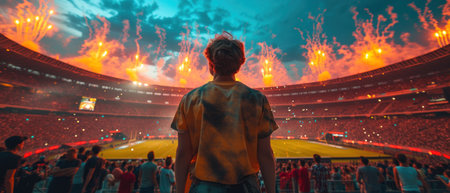 Exciting fireworks over the stadium with cheering fans at nightの素材