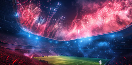 Exciting fireworks over the stadium with cheering fans at nightの素材