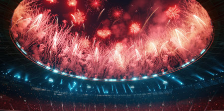 Exciting fireworks over the stadium with cheering fans at nightの素材