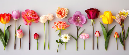 Bright assortment of exotic flowers. Orchids, roses, dahlias, lilies in a colorful flower arrangementの素材
