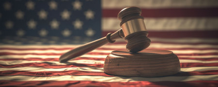 The American justice system. Gavel on the background of the flag symbolizing law and democracyの素材