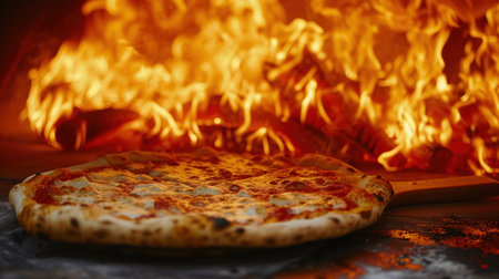 Scorching pepperoni pizza with fiery flames and crispy crustの素材