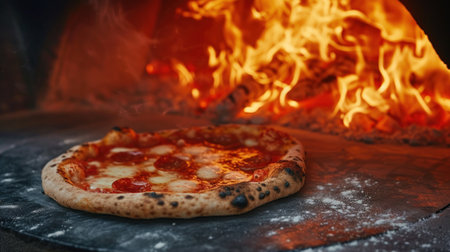 Scorching pepperoni pizza with fiery flames and crispy crustの素材