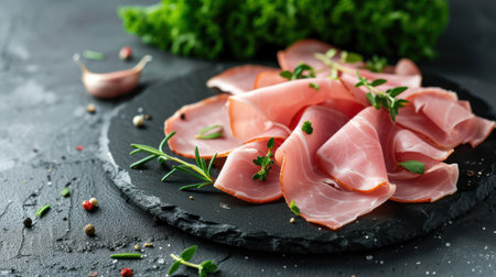 Delicate thinly sliced gourmet ham with herbs on slate backgroundの素材