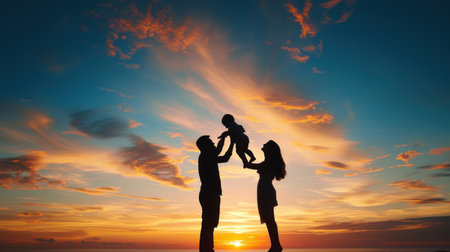 Silhouette of family bonding at sunset in nature's serenityの素材