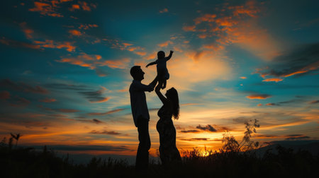Silhouette of family bonding at sunset in nature's serenityの素材