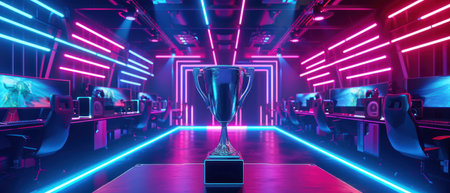 eSports championship trophy glowing in victory on gaming tableの素材