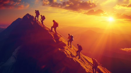 Silhouette of climbers on mountain expedition at sunsetの素材