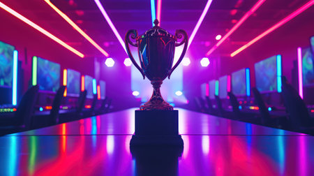 eSports championship trophy glowing in victory on gaming tableの素材