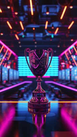 eSports championship trophy glowing in victory on gaming tableの素材