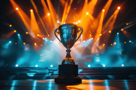 eSports championship trophy glowing in victory on gaming tableの素材