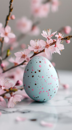 Decorative painted Easter egg amongst delicate cherry blossoms for spring celebrationの素材