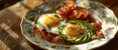 Gourmet breakfast with eggs and avocadoの素材