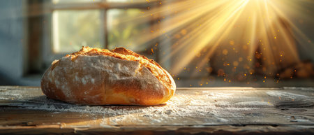 Artisan bread on rustic board in sunlightの素材