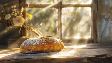 Artisan bread on rustic board in sunlightの素材
