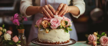 Cake decorating process with elegant roses and flowersの素材