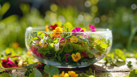 Colorful edible flower salad served in sunlit garden settingの素材