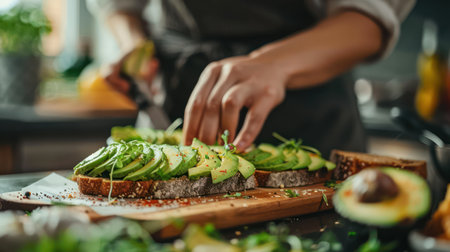 Healthy avocado toast with sesame seeds and spices on rustic breadの素材
