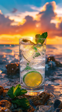 Refreshing cocktail on tropical beach with sunset in backgroundの素材