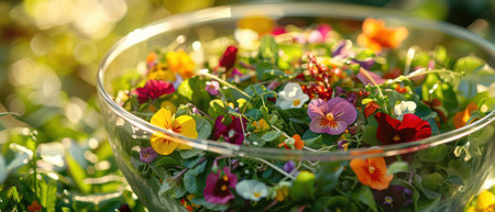 Colorful edible flower salad served in sunlit garden settingの素材