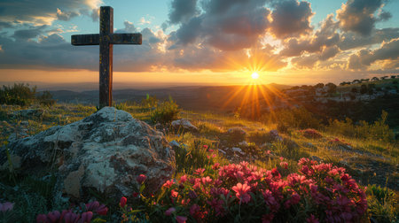 Serene sunrise behind a Christian cross on hill with spring flowersの素材