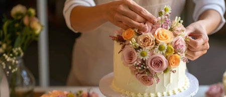 Cake decorating process with elegant roses and flowersの素材