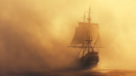 Majestic sailing ship emerging from morning fog on open seaの素材