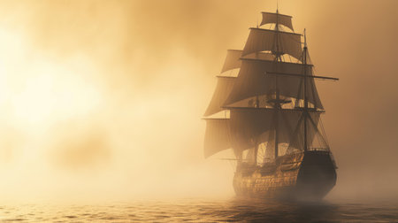 Majestic sailing ship emerging from morning fog on open seaの素材