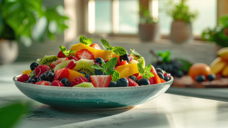 Fresh mixed fruit salad served in a blue bowl on a sunlit tableの素材