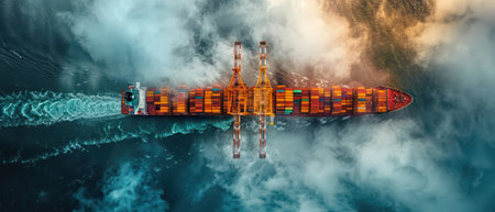 Busy shipping port with cargo ships during golden hour lightの素材