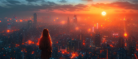 Solitary figure overlooking a vibrant cityscape at sunsetの素材