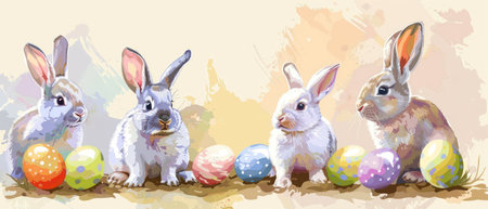 Easter rabbit sitting among colorful painted eggs and wildflowersの素材