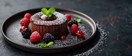 Decadent chocolate lava cake with fresh berries on dark plateの素材
