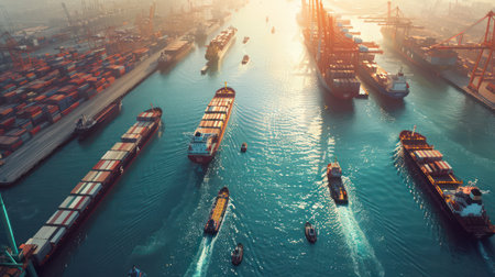 Busy shipping port with cargo ships during golden hour lightの素材