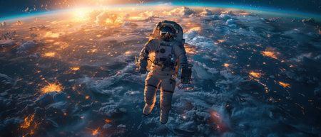 Astronaut floating above earth's atmosphere with a stunning sunriseの素材