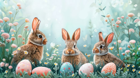 Easter rabbit sitting among colorful painted eggs and wildflowersの素材