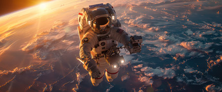Astronaut floating above earth's atmosphere with a stunning sunriseの素材
