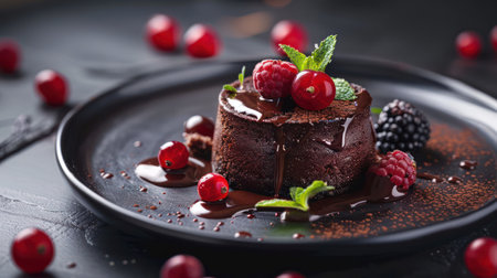 Decadent chocolate lava cake with fresh berries on dark plateの素材