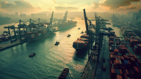 Busy shipping port with cargo ships during golden hour lightの素材
