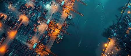 Busy shipping port with cargo ships during golden hour lightの素材