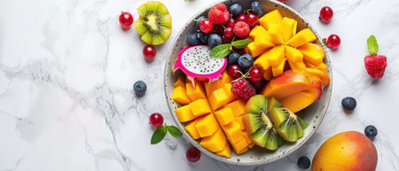 Colorful tropical fruit platter with a variety of fresh slicesの素材