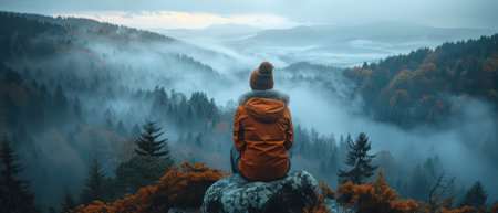 Lone person overlooking a vast foggy mountain landscape at dawnの素材