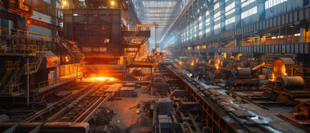 Steel mill interior with industrial glow and molten metalの素材