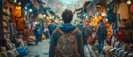 Traveler exploring traditional market alleyの素材