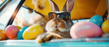 Bunny with sunglasses in a vintage carの素材