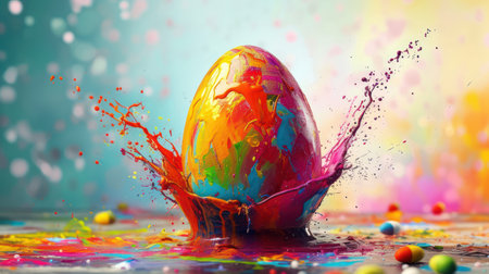 Colorful paint splashing on easter eggの素材