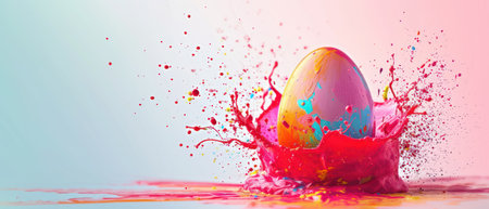 Colorful paint splashing on easter eggの素材