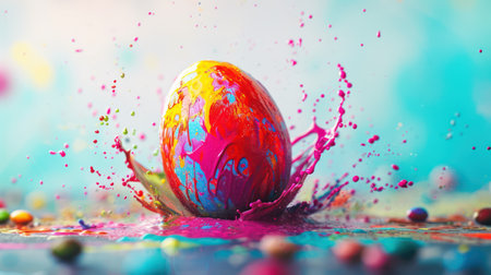 Colorful paint splashing on easter eggの素材