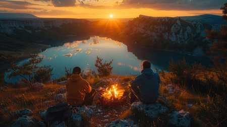 Friends enjoying sunset by the lakeside campfireの素材
