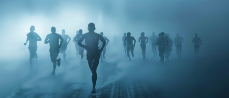 Runners in a foggy and serene morning landscapeの素材